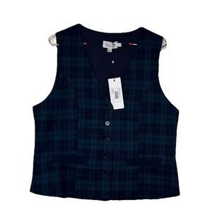 Molly Bracken Women's Vest Plaid Line Sleeveless Stretch Navy Green Large NWT